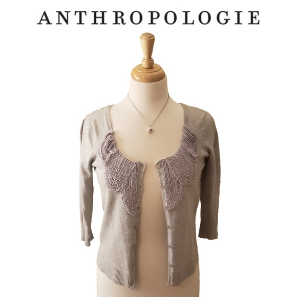 Red Sweaters - Anthropologie Tulle Ribbon Applique Grey Sweater